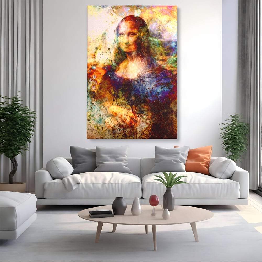 Tablou canvas cu tablou canvas cu mona lisa in culori vibrante, fara rama, pe sasiu de lemn, pe perete intr-un living